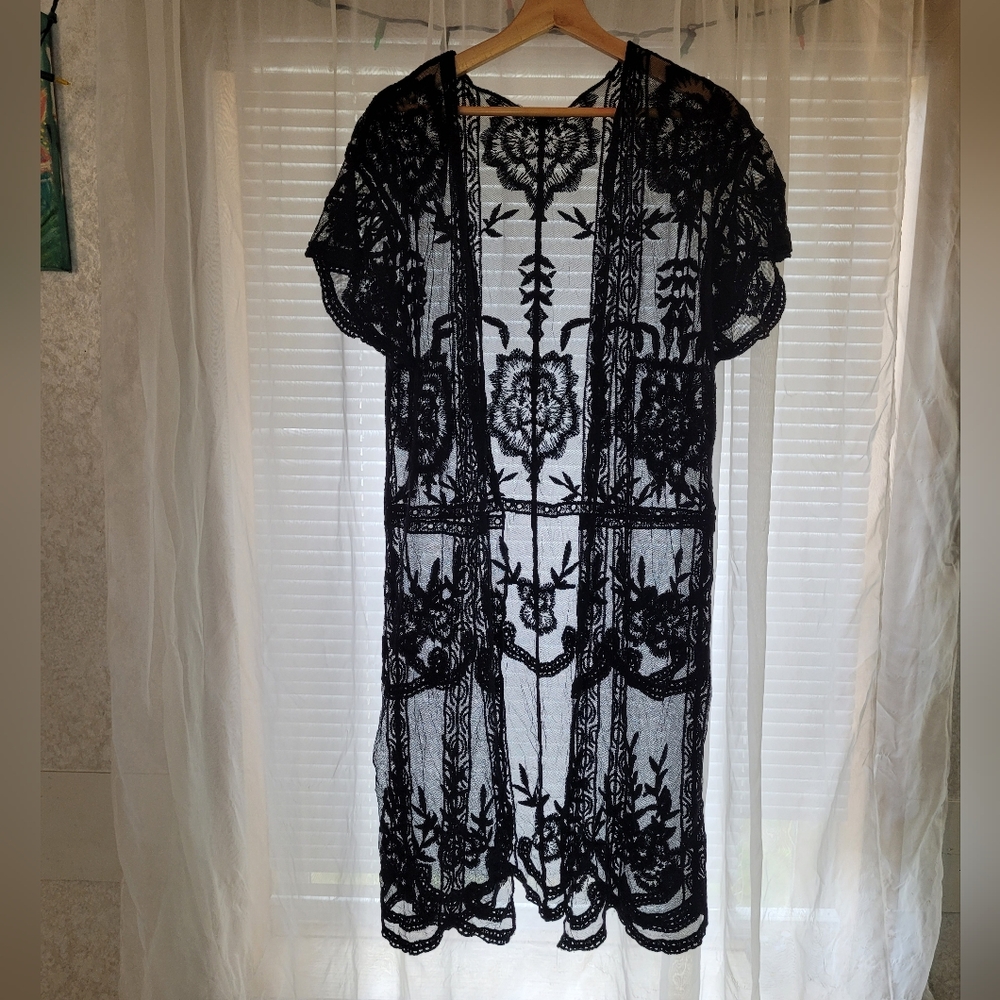 Kimono Open Front Lace Duster Womens Large Black Boho Chic Cover Up
